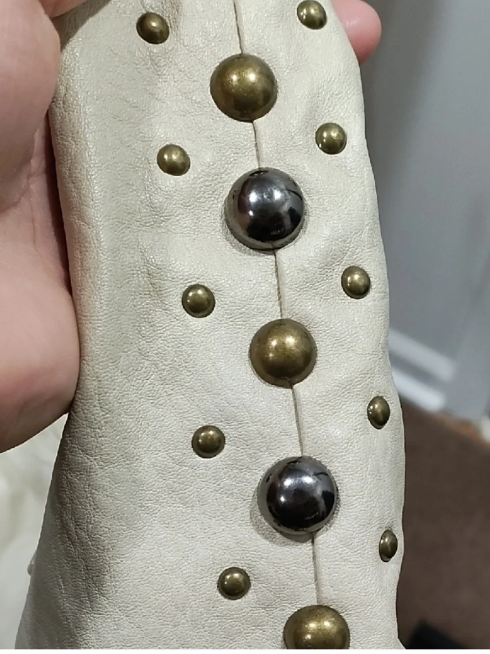 Cream Stud-Trim Leather Hobo Bag